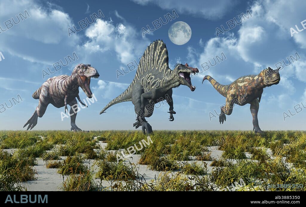 A Tyrannosaurus rex, Spinosaurus and Carnotaurus dinosaur during Earth's Cretaceous period of time.