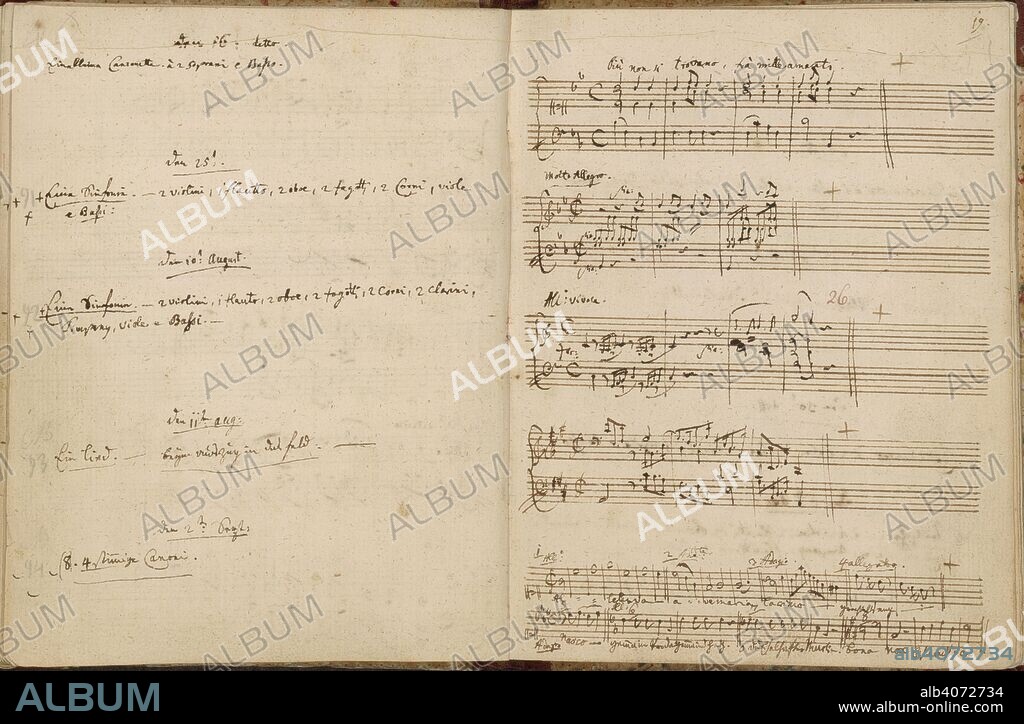 Mozart's Thematic Catalogue. VerzeichnÃ¼ss aller meiner Werke. 1784-1791. [Whole opening] Pages for 16 July to 2 September 1788, from Mozart's autograph thematic catalogue of his works; with dates and descriptions on the left-hand page opposite the corresponding musical incipits. Canzonetta for two sopranos and bass [K.540]; Symphony in G minor [K. 550]; Symphony in C, the 'Jupiter' symphony [K.551]; Song with piano accompaniment 'Beim Auszug in das Feld' [K.552]; Eight canons for four voices [K.553-561]  Image taken from VerzeichnÃ¼ss aller meiner Werke.  Originally published/produced in 1784-1791. . Source: Zweig 63, ff.18v-19. Language: German.