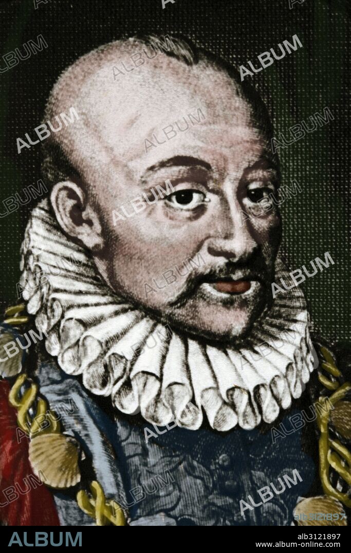 Michel de Montaigne (1533-1592). Philosopher of the French Renaissance. Portrait. Engraving. Colored.