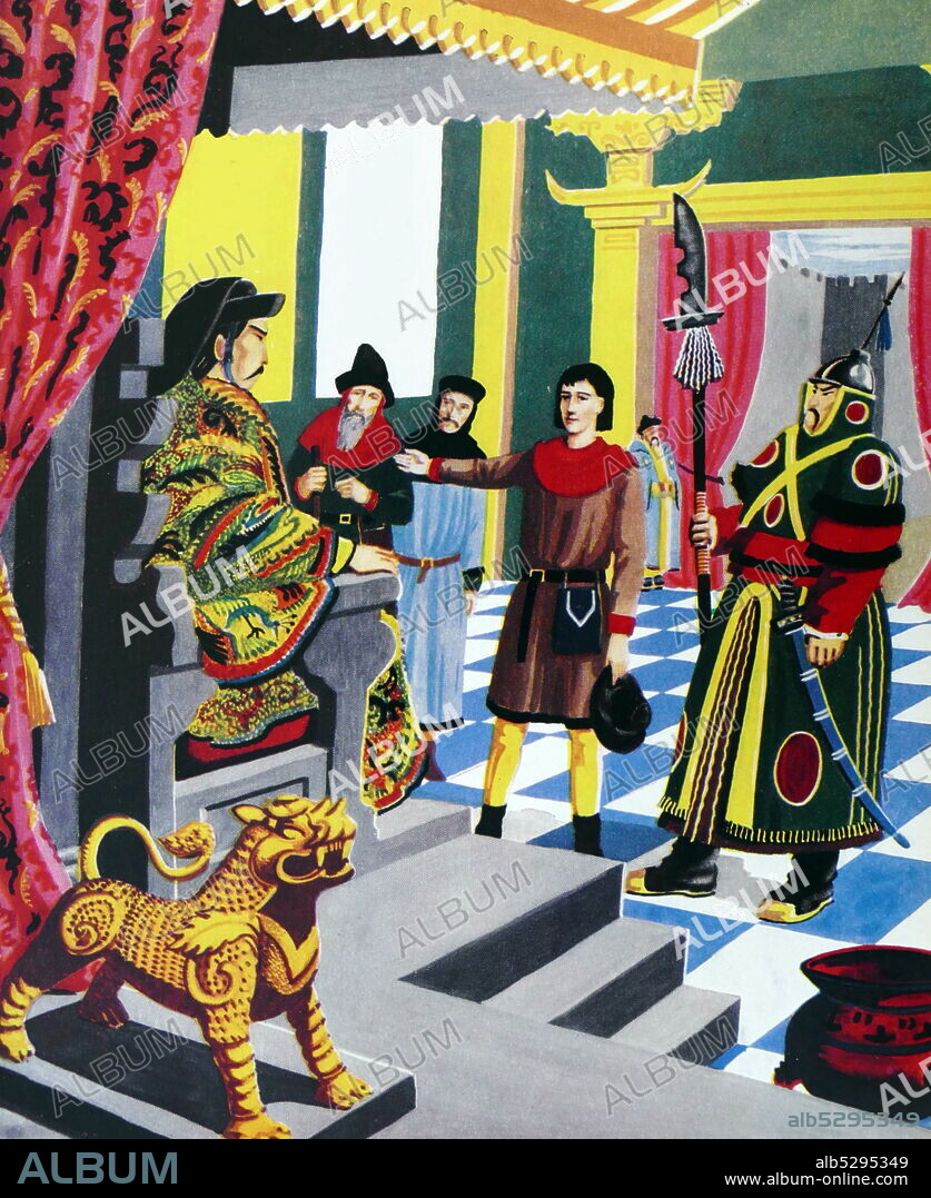 Illustration depicting Marco Polo received by the Chinese emperor Kublai Khan. Marco Polo (1254 - 1324), Italian merchant, explorer, travelled through Asia along the Silk Road between 1271 and 1295.He was received by the royal court of Kublai Khan, who was impressed by Marco's intelligence and humility. Marco was appointed to serve as Khan's foreign emissary to India and Burma, and he was sent on many diplomatic missions throughout the empire. As part of this appointment, Marco also travelled extensively inside China, living in the emperor's lands for 17 years and seeing many things that had previously been unknown to European.