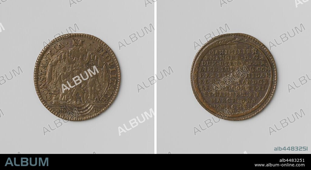 Maximilian II Emanuel, Elector of Bavaria, Governor of the Southern Netherlands, Brass Medal. Obverse: Maximilian, sitting on a throne, flanked by two women, holding him a wreath above their head in a circle, cut: signature. Reverse: inscription in slangerond, Belgium, Elector of Bavaria Maximilian II Emanuel, G. de Backer, Namen, 1711, brass (alloy), striking (metalworking), d 2.6 cm × w 4.10 gr.