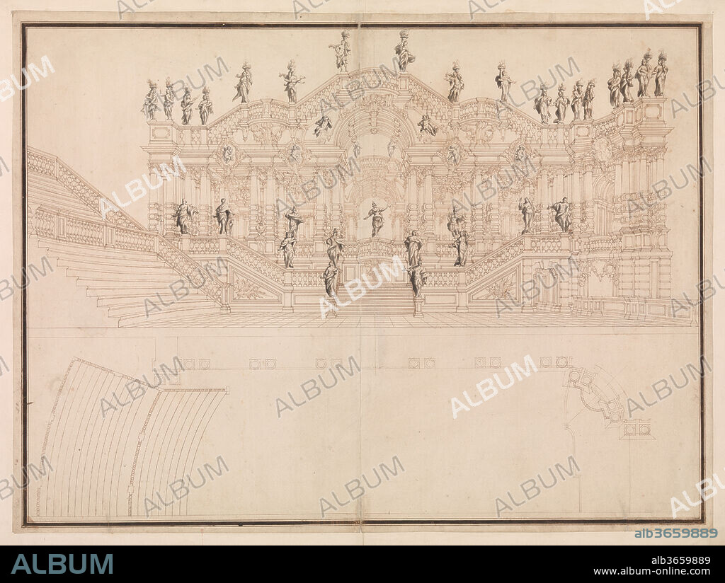 Design for a Stage Set: Longitudinal Section and Plan of amphitheater and Stage. Artist: Workshop of Giuseppe Galli Bibiena (Italian, Parma 1696-1756 Berlin). Dimensions: sheet: 23 1/2 x 31 3/4 in. (59.7 x 80.6 cm). Date: 1696-1756.