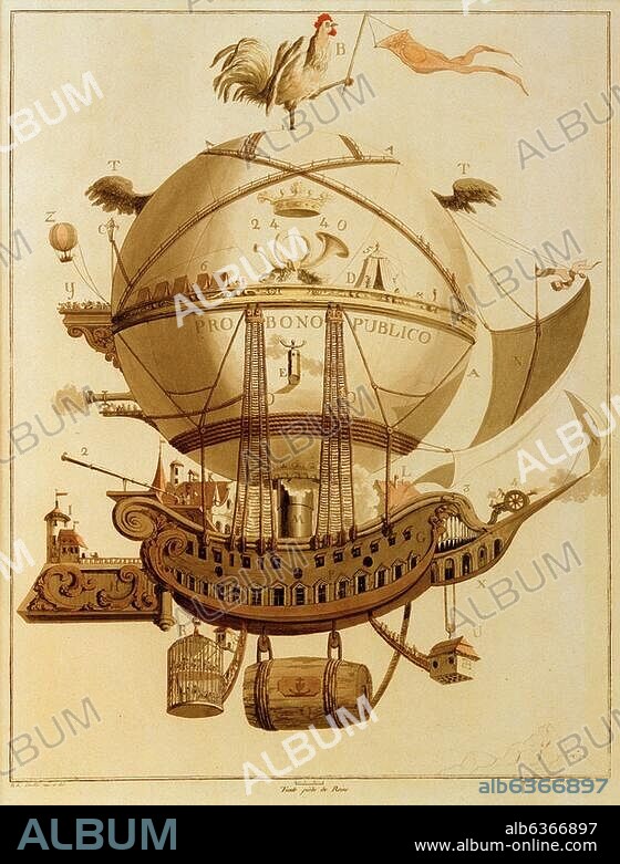 Verkehr: Luftfahrt / Ballon.-"Große Post-Luft-Kugel".-Kolorierte Umrißradierung, um 1785, nach Zeichnung von Balthasar Anton Dunker (1746-1807), 37,2 x 29,5 cm. Inv.Nr. S2610 Gottfrie Keller Stiftung,.