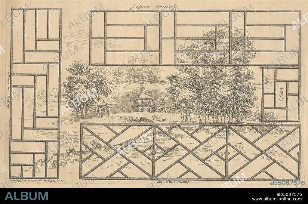 Architectural Designs incorporating Chinoiserie motifs: Japan Railing. A Hatch. An Obtuce Paling. Parallelgram Railing.., Print made by George Bickham, 16841769, British, Published by George Bickham, 16841769, British, 1751, Etching on medium, textured, cream laid paper, Sheet: 9 13/16 x 15 3/8 inches (25 x 39 cm), Plate: 7 11/16 x 12 13/16 inches (19.5 x 32.5 cm), and Image: 7 3/8 x 12 3/8 inches (18.8 x 31.5 cm), architectural subject, Chinese, Chinoiserie, clouds, design, fences, forest, garden, horses (animals), pagoda (building), railing, trees.