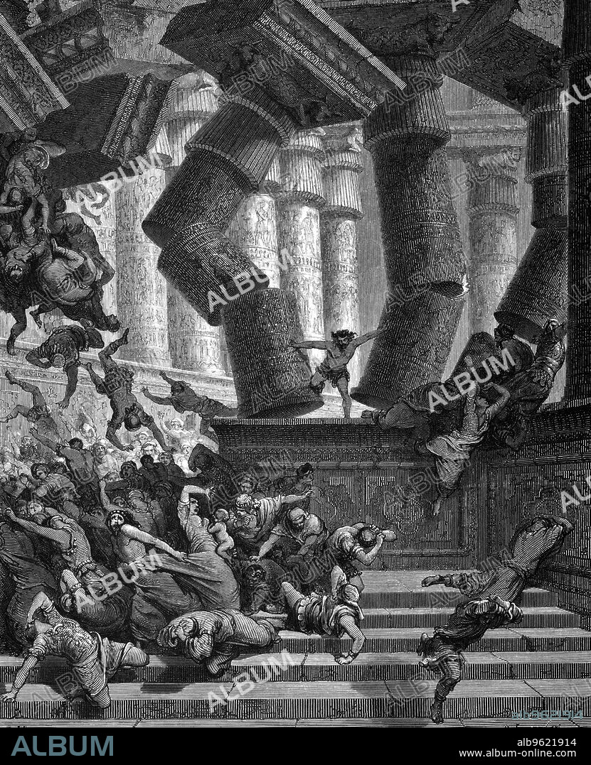 GUSTAVE DORé. Samson bringing down the Temple of Dagon, 1866. The Israelite hero Samson, having been betrayed by Delilah and taken prisoner and blinded by the Philistines, regains his strength and brings the Temple of Dagon crashing down. From the Bible (Judges).