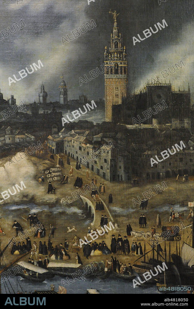"Vista de Sevilla". La ciudad fué centro del comercio con el Nuevo Mundo desde comienzos del siglo XVI hasta comienzos del XVIII. Oleo sobre lienzo (300 x 150 cm), de finales del siglo XVI, atribuido a Alonso Sánchez Coello (1531-1588). Detalle. Museo de América. Madrid. España.