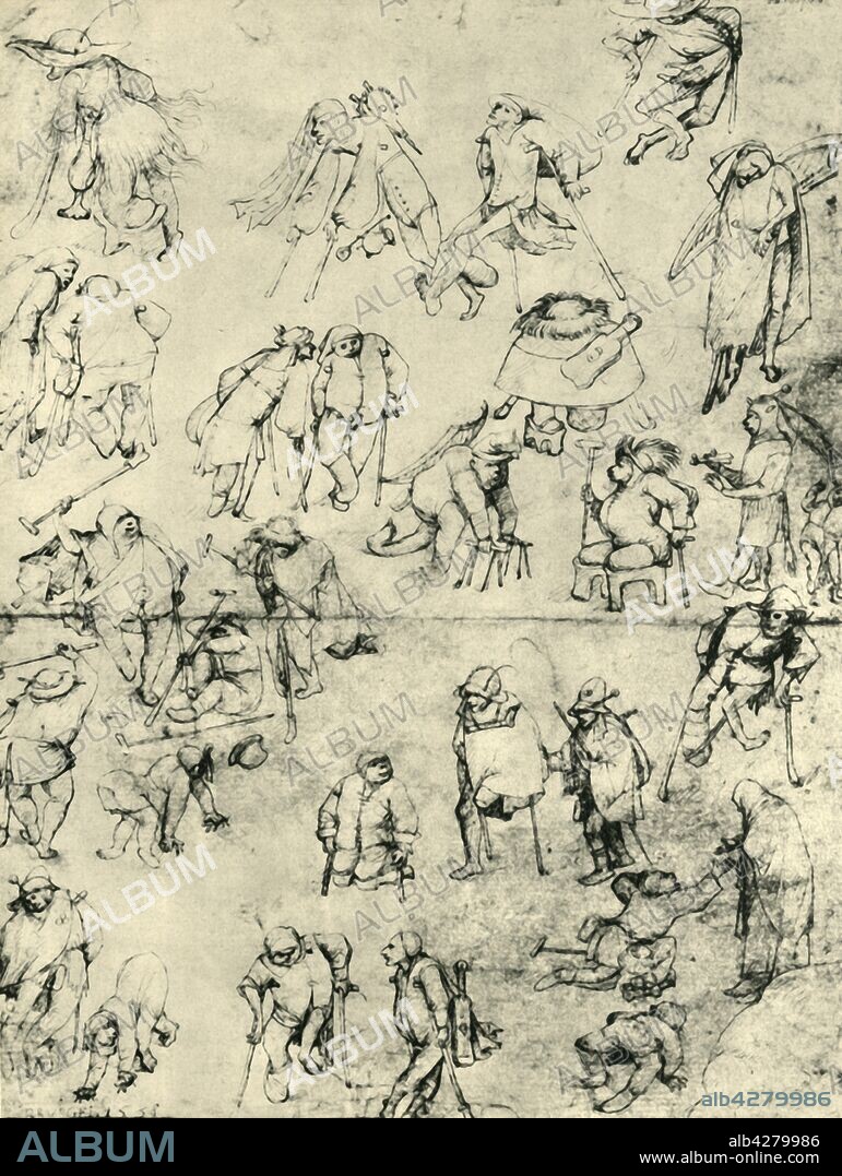 PIETER BRUEGHEL THE ELDER. Beggars, 15th-16th century, (1943). Studies of disabled people. Drawing in the Albertina Museum, Vienna. From "Europäische Handzeichnungen", (Five Hundred Years of European Drawings), by Bernhard Degenhart. [Atlantis-Verlag Berlin, Zürich, 1943].
