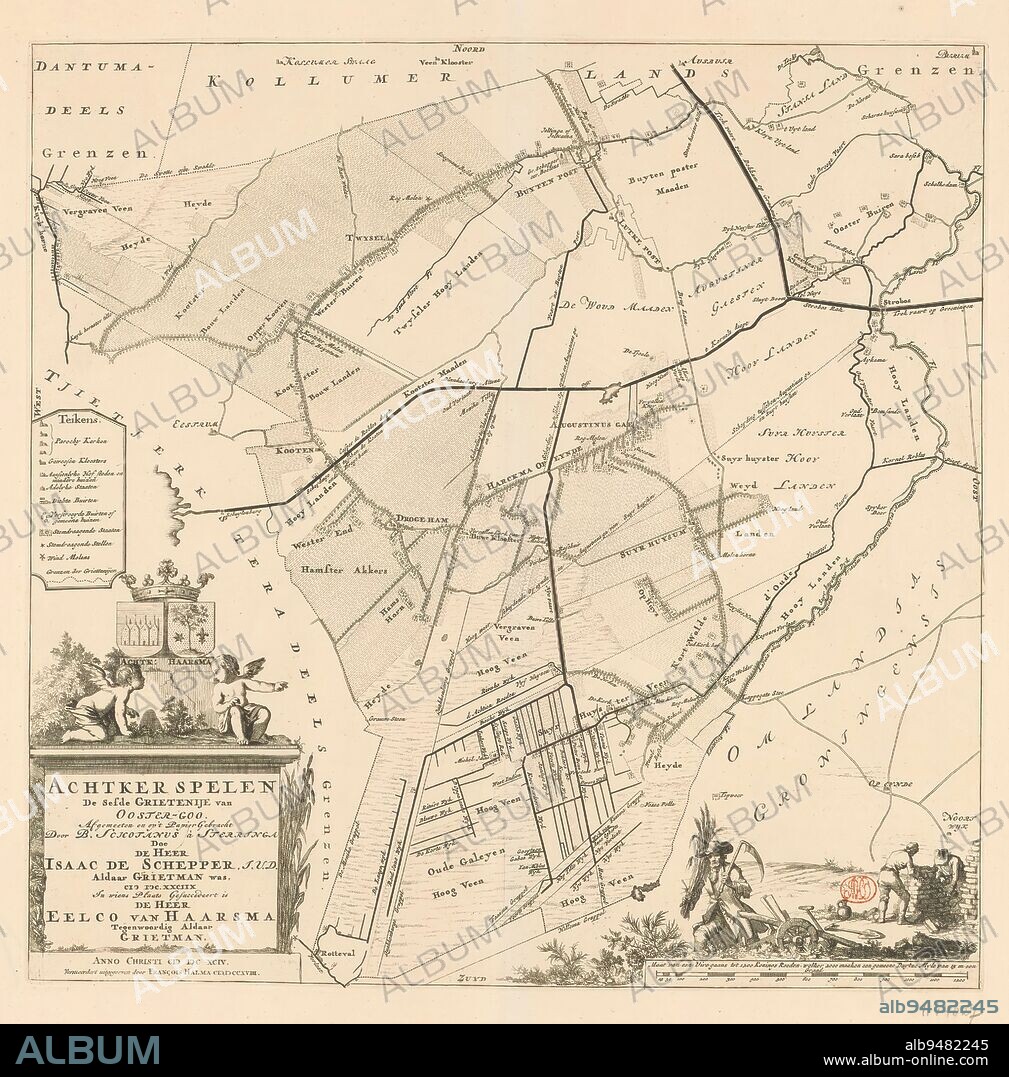 Map of the grietenij Achtkarspelen, Achtker spelen de sesde grietenije van Ooster-goo (...) (title on object), legend on the left, bottom left cartouche with title and administrative information about the grietenij. Above this are the coats of arms of Achtkarspelen and grietman Eelco van Haarsma. Bottom right a scale stick: Maat van een uire gaans tot 1200 konings roeden welker 2000 maaken een gemeene Duytze myle van 15 in een. Around it a farmer and two men piling peat., print maker: Jan Luyken, (attributed to), Bernardus Schotanus à Sterringa, (mentioned on object), publisher: François Halma, (mentioned on object), print maker: Amsterdam, Friesland, publisher: Leeuwarden, 1698 and/or 1718, paper, engraving, etching, height 445 mm × width 449 mm.