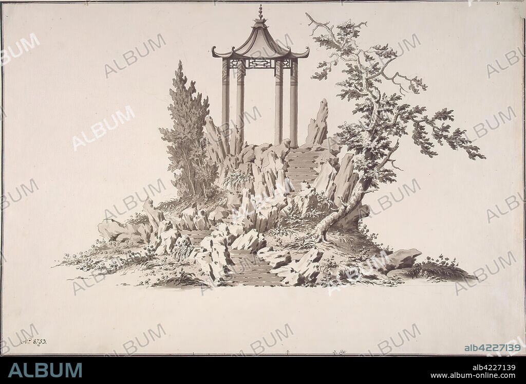 GEORG FRIEDRICH VELTEN. 'Design of a Chinese Pavilion on a Rock'. Series of designs "Park Constructions". Russia, Late 1760s. Dimensions: 37x54 cm.