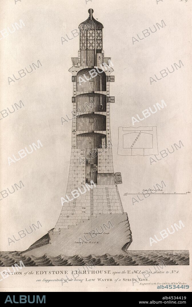 Section of the Edystone Lighthouse upon the E&W. Line, ..., Cross section of the Edystone lighthouse from the 18th century, signed: Engraved in the Year 1763 by Mr. Edwd., Rooker, no. 9, after p. 198, Rooker, Edward, 1763, John Smeaton: A narrative of the building and a description of the construction of the Edystone lighthouse with stone: to which is subjoined, an appendix, giving some account of the lighthouse on the spurn point, built upon a sand. London: printed for the author by H. Hughs: sold by G. Nicol, 1791.