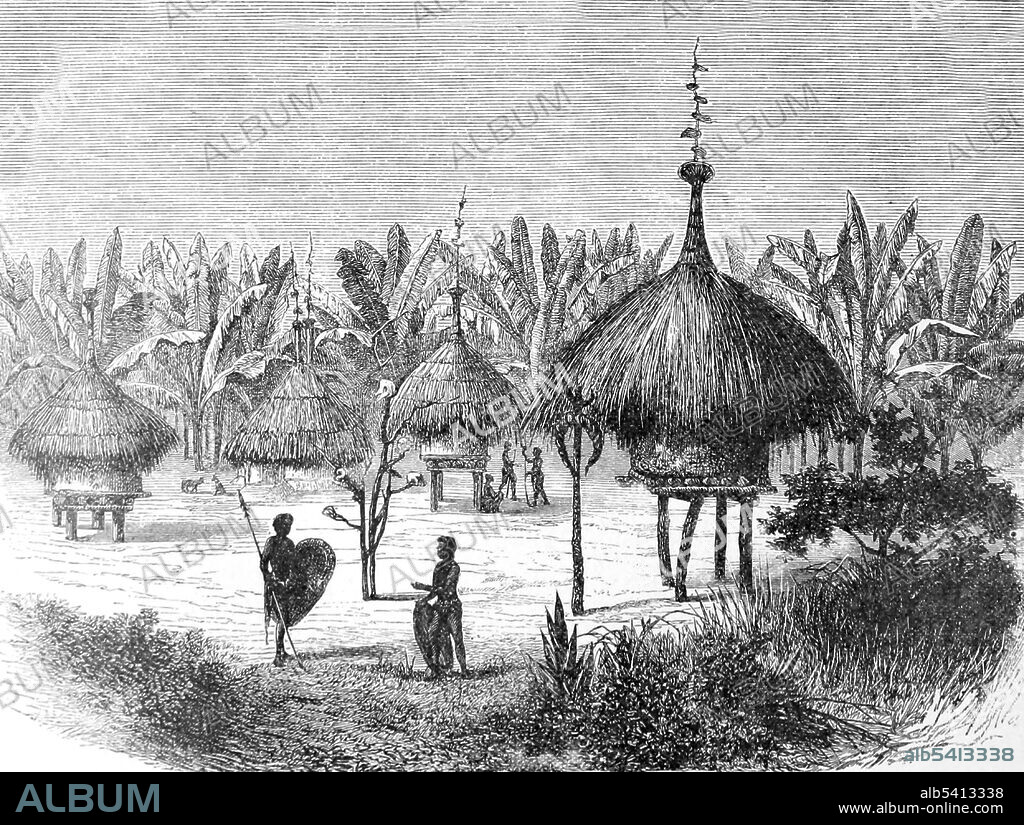 The Azande are an ethnic group of Central Africa. The name Niam-Niam was frequently used by foreigners to refer to the Azande in the 18th and early 19th century. The types of houses that the Azande built were made from mud and grass, which they framed around wooden poles and thatched with grass. Each household was built around a courtyard so that they can gather and converse with each other. Adjacent to these courtyards were kitchen gardens that were for plants that did not require large scale farming such as pineapples and mangos. Africa illustrated by William. R. Smith; illustrated by the most eminent artists, 1889 (cropped and cleaned).