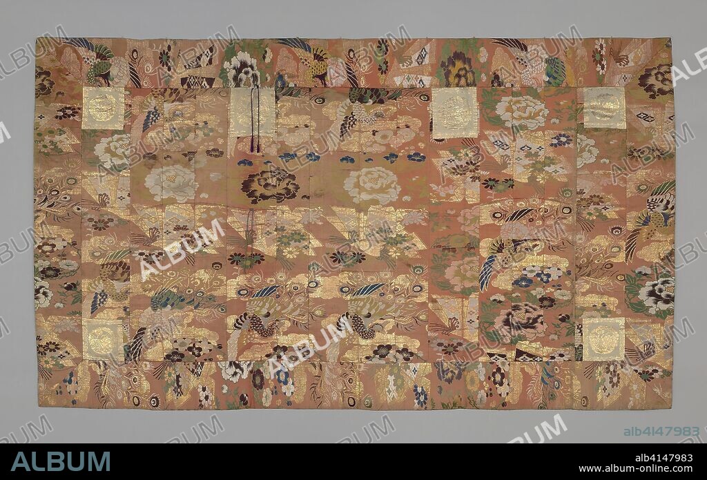 Kesa. Japan. Date: 1801-1850. Dimensions: 200.5 x 115.6 cm (79 x 45 1/2 in.). Pieced and appliqued: silk and gold-leaf-over-lacquered-paper strip, warp-float faced 2:1 'Z' twill weave with weft-float faced 1:2 'S' twill interlacings of secondary binding warps and supplementary patterning wefts; lined with silk, plain weave; hand straps of silk, plain weave; cords: silk, plied, knotted, cut fringe, cotton 2:2 oblique twill interlacing. Origin: Japan.