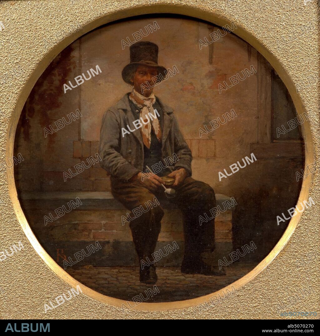 painting, Alexander Hugo Bakker Korff, ca. 1858-1859, Signature front, bottom left: BK [ineen], panel, paper, oil paint, painted, Carrier: 16.2 × 16.2 × 0.5cm (162 × 162 × 5mm), Opening: 14.8cm (148mm), With frame: 28.5 × 29.1 × 3.5cm (285 × 291 × 35mm), man's portrait, fish, Portrait of a man: one old fisherman, perhaps the husband of a couple from Noordwijk (erhout). He is depicted seated, pointing slightly to the right and looking at the viewer. He is decked out on Sunday, wearing a top hat, an earthenware pipe with cap in the right hand, and a brass tobacco box in the left, seated on a masonry bench in front of a wall. The man is wearing brown pants and a gray jacket over a blue-gray smock, a brown-white neckerchief and a top hat. Around the tondo, the panel is light beige with paint keys; top left a sketch of an interior with counter floor. Signed bottom left. The painting is in a gilded wooden frame with a round opening, 1953.