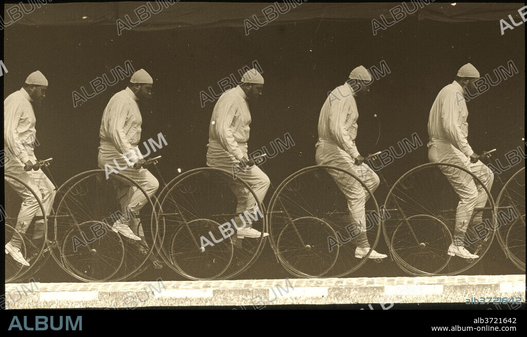 ETIENNE JULES MAREY. Chronophotograph of a Man on a Bicycle. Dated: c. 1885-1890. Dimensions: image: 4 x 7.5 cm (1 9/16 x 2 15/16 in.)  plate: 8.8 x 10.2 cm (3 7/16 x 4 in.). Medium: glass lantern slide.