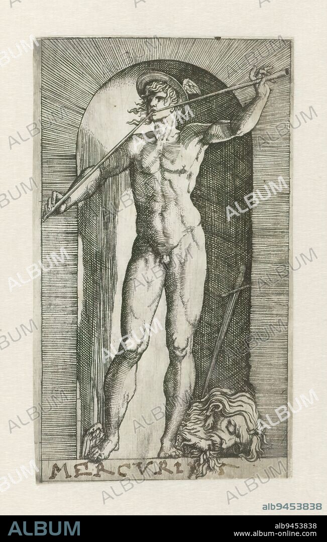 Mercury with the head of Argus, In a niche stands Mercury as messenger of the gods, blowing two trumpets. Next to him is the severed head of Argus and behind it is a sword., print maker: anonymous, after print by: Giovanni Jacopo Caraglio, after design by: Rosso Fiorentino, Italy, c. 1530 - c. 1570, geheel, :, engraving, height 153 mm × width 87 mm.
