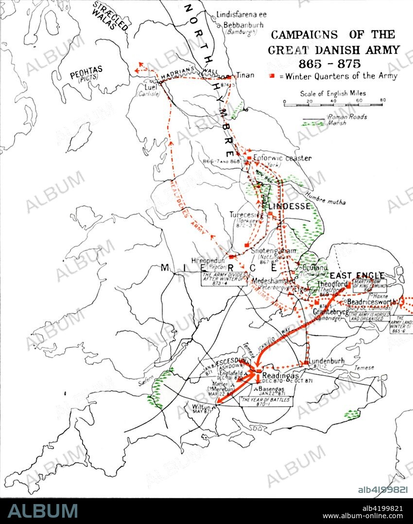 'Campaigns of the Great Danish Army 865-875.', (1935). Map of Britain showing significant locations (with contemporary place names) during the invasions from Scandinavia. From A History of the Anglo-Saxons, Vol. II, by R. H. Hodgkin. [The Clarendon Press, Oxford, 1935].
