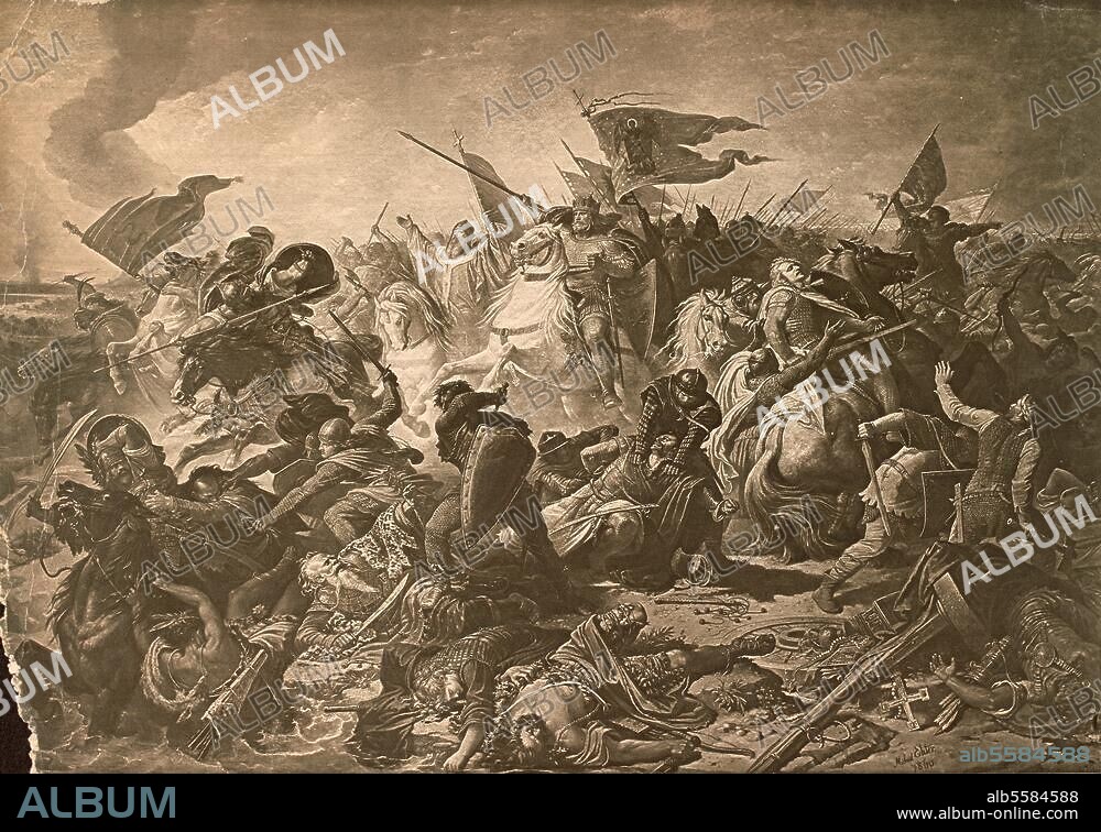 Battle on the Lechfeld, 10 August 955. King Otto (from 962 emperor) is victories against the Hungarians (left Saint Ulrich, bisphop of Augsburg, right duke Conrad of Franconia). Painting, 1860, by Michael Echter.