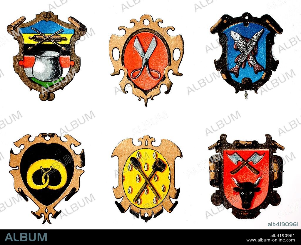 1890 - Zunftwappen: Faerber, Schneider, Fischer, Baecker, Brauer, Schlaechter. Guild coat of arms:, dyer, tailor, fisherman, baker, brewer, butcher, digital improved reproduction of an original print from the 19th century.