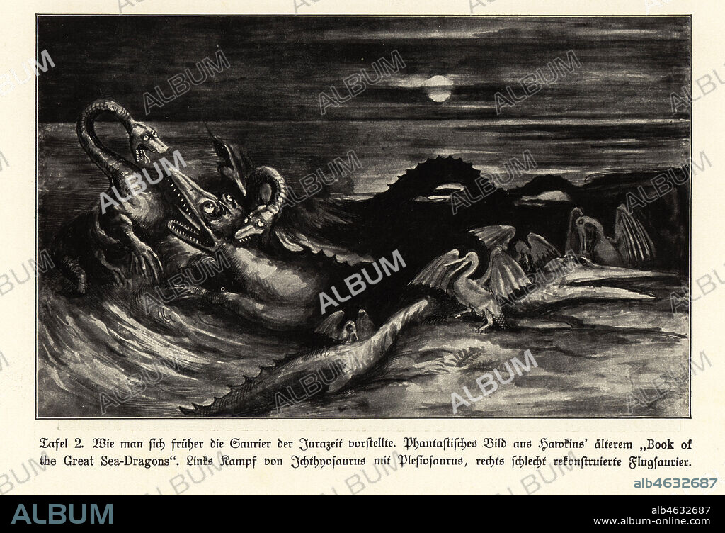 Ichthyosaur and Plesiosaur fighting at left, Pterosaurs at right. Fantastic image copied from a mezzotint by John Martin from Thomas Hawkins Book of the Great Sea-Dragons. Illustration from Wilhelm Bolsches Das Leben der Urwelt, Prehistoric Life, Georg Dollheimer, Leipzig, 1932.
