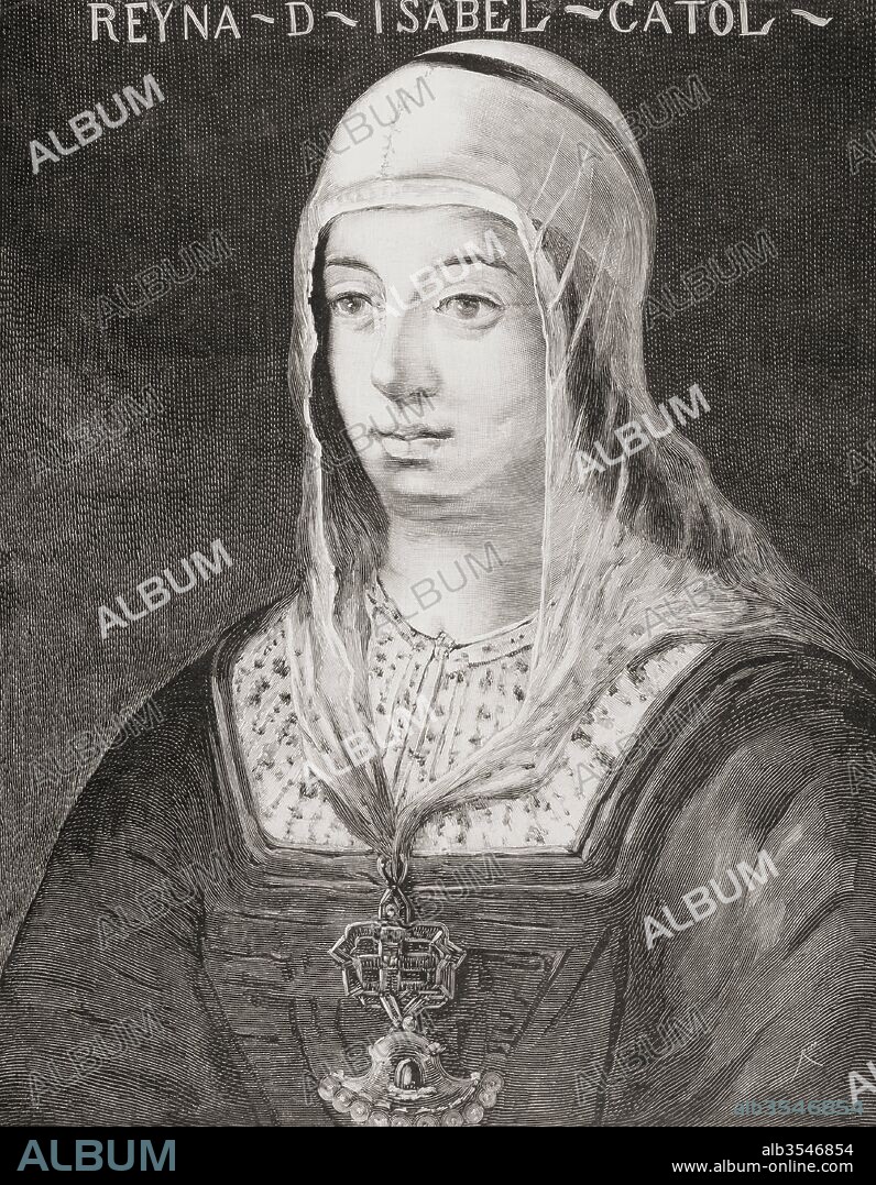 Isabella I of Castile, 1451 – 1504, aka Isabella the Catholic. Queen of Castile and León. After the painting by Antonio del Rincón. From La Ilustracion Española y Americana, published 1892.