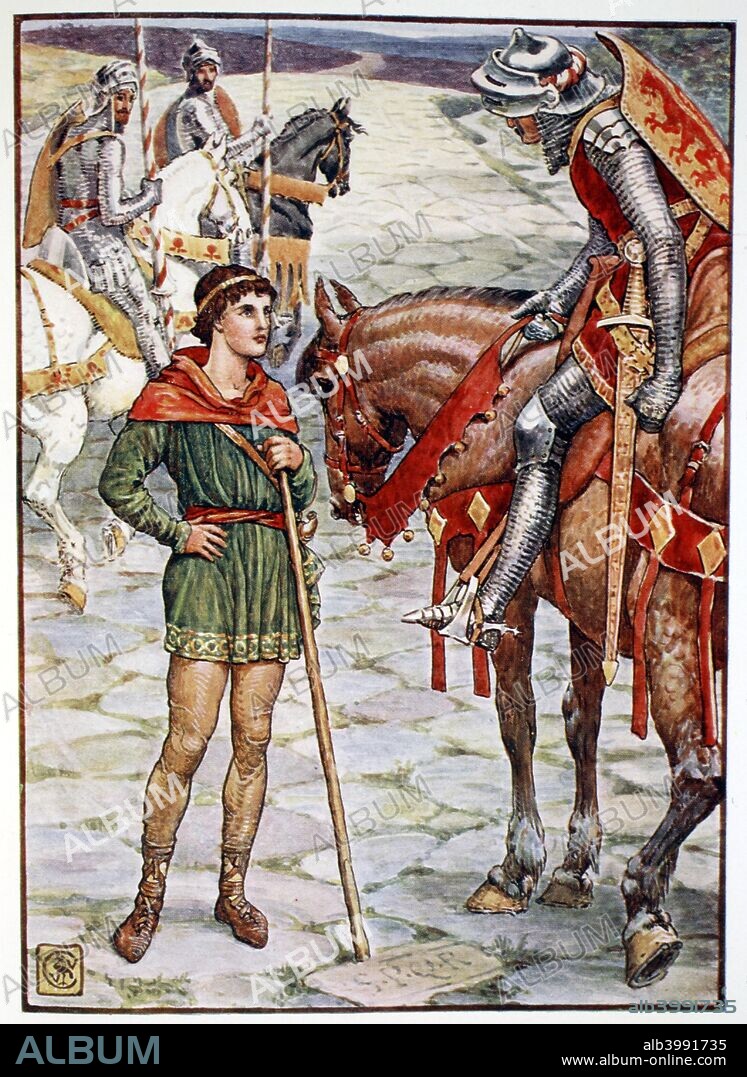 'Young Percival Questions Sir Owen', 1911. How Sir Percival was taught chivalry, and ended the evil wrought by Sir Balin's Dolorous Stroke. From Stories of the Knights of the Round Table by Henry Gilbert, first edition, 1911.