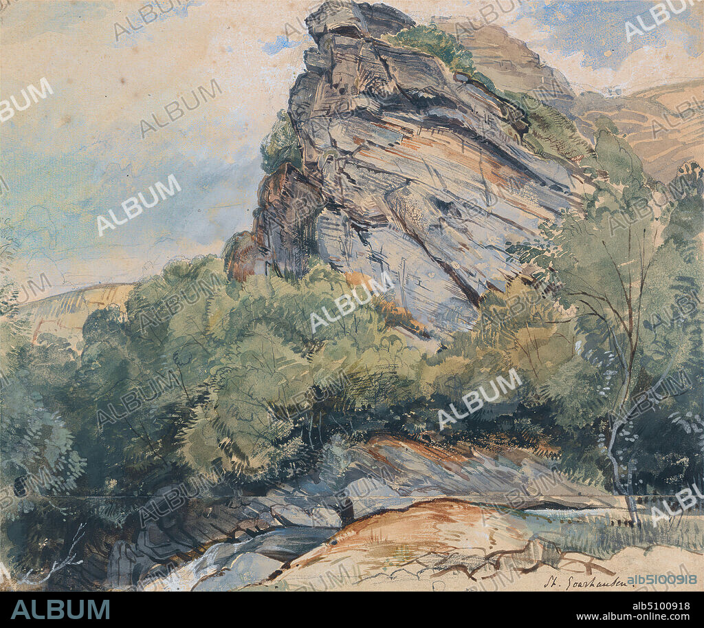 St. Goarhausen on the Rhine between Koblenz and Mainz, John Frederick Lewis, 18041876, British, 1827, Watercolor, white gouache, black chalk, and graphite, with scratching out on medium, slightly textured, cream wove paper, Sheet: 6 3/4 x 8 inches (17.1 x 20.3 cm) and Mount: 8 1/2 x 9 3/4 inches (21.6 x 24.8 cm), boats, cliffs, geology, Grand Tour, landscape, mountains, river, rocks (landforms), science, trees, Germany, Koblenz, Mainz, Rhine, Sankt Goarshausen.