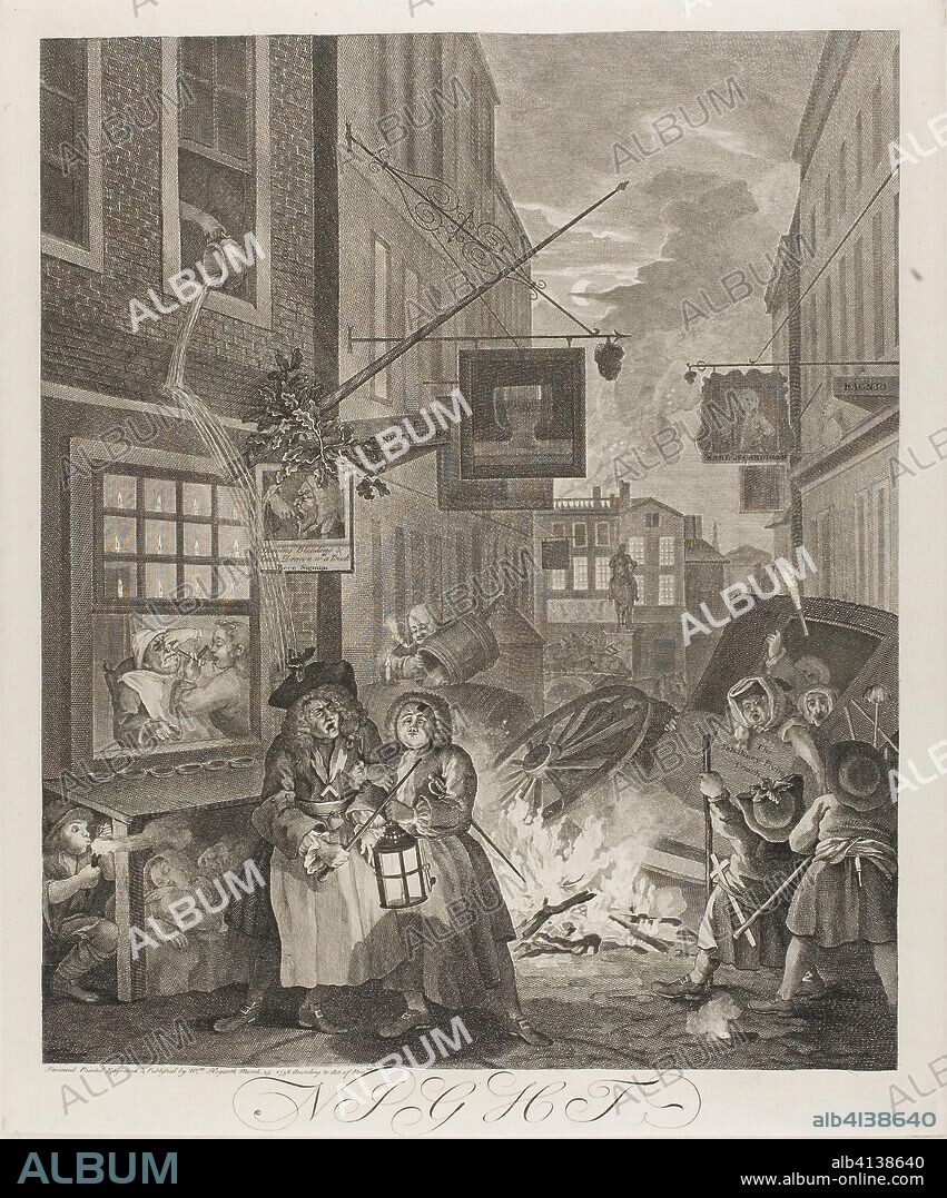 Night, plate four from The Four Times of the Day. William Hogarth; English, 1697-1764. Date: 1738. Dimensions: 440 × 365 mm (image); 490 × 406 mm (plate); 660 × 495 mm (sheet). Etching and engraving in black on ivory laid paper. Origin: England.