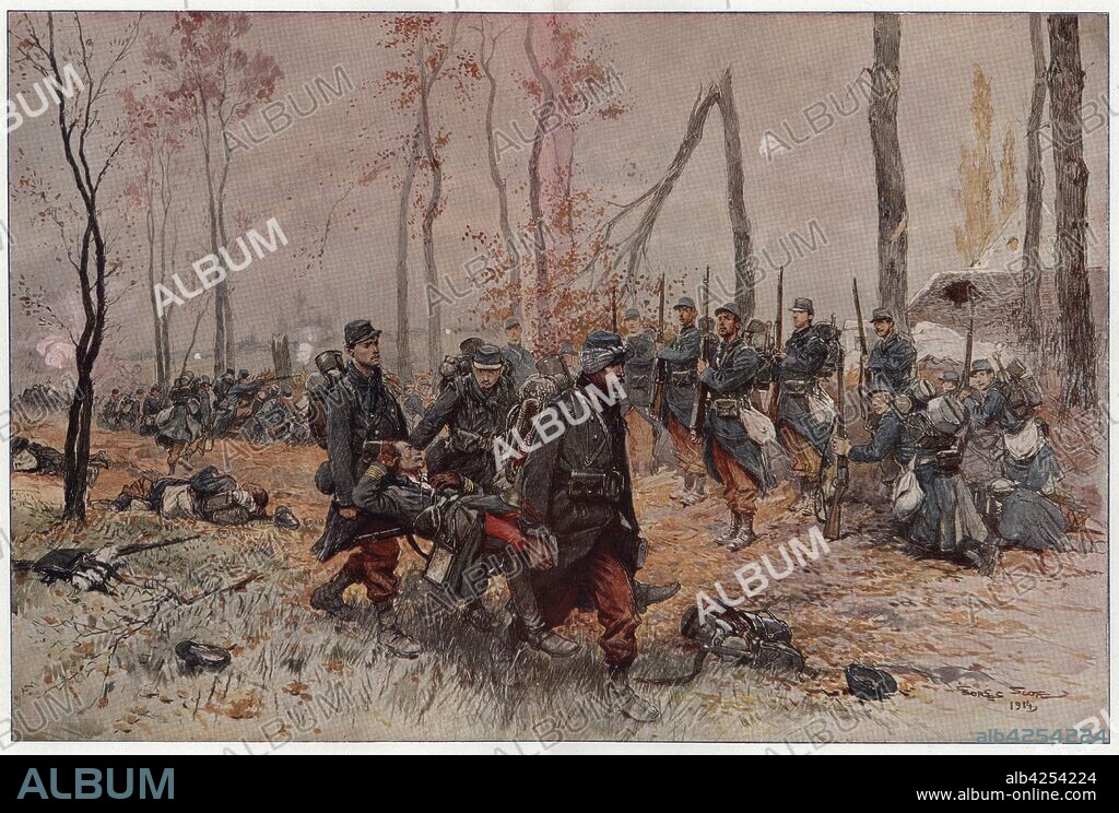 GEORGES BERTIN SCOTT. Primera guerra mundial (1914-1918). Honores y saludo militar a un oficial herido en el frente. Dibujo de 1914. Grabado de 1923.