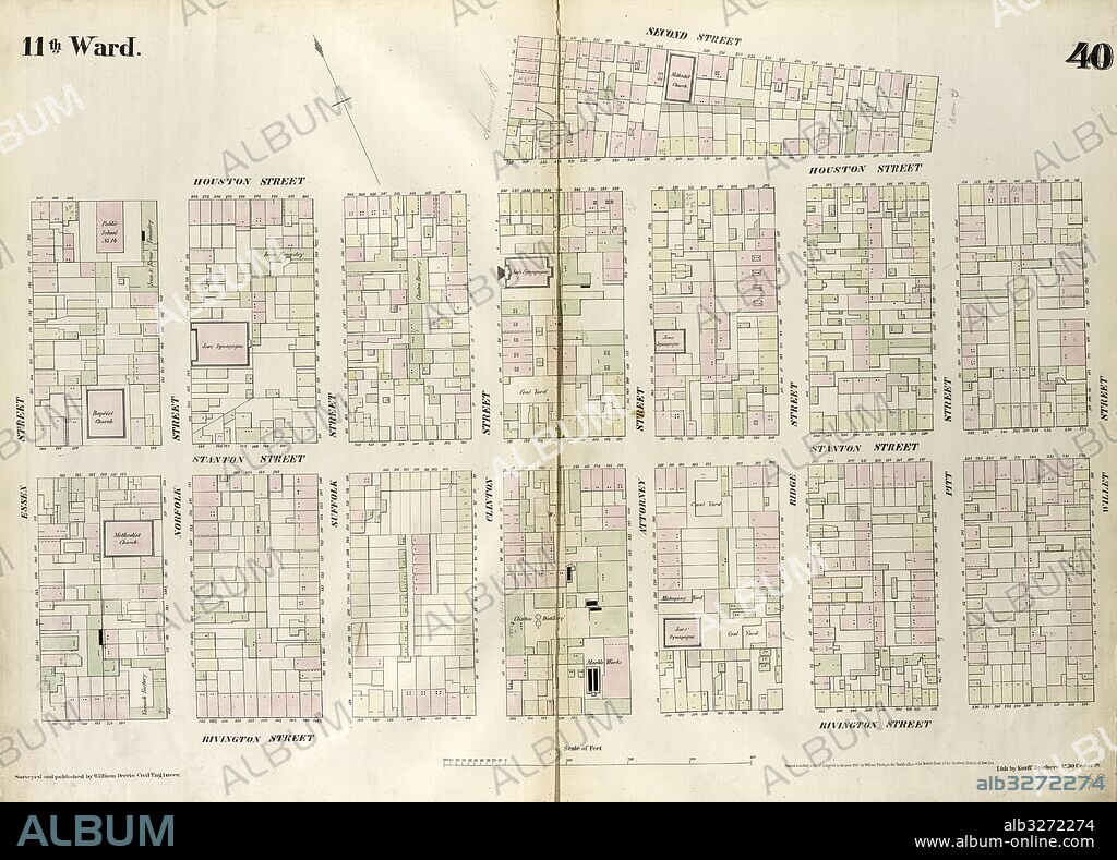 Plate 40: Map bounded by Houston Street, Avenue B, Second Street, Pitt Street, Houston Street, Willet Street, Rivington Street, Essex Street. 1852, 1854, William Perris, New York, N.Y., USA.