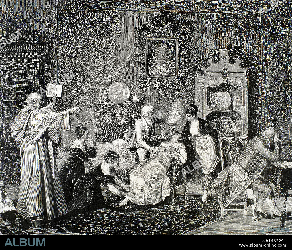 EXORCISMO. Clérigo realizando el conjuro ritual contra el espíritu maligno. Grabado por C. Penoso (1878) .