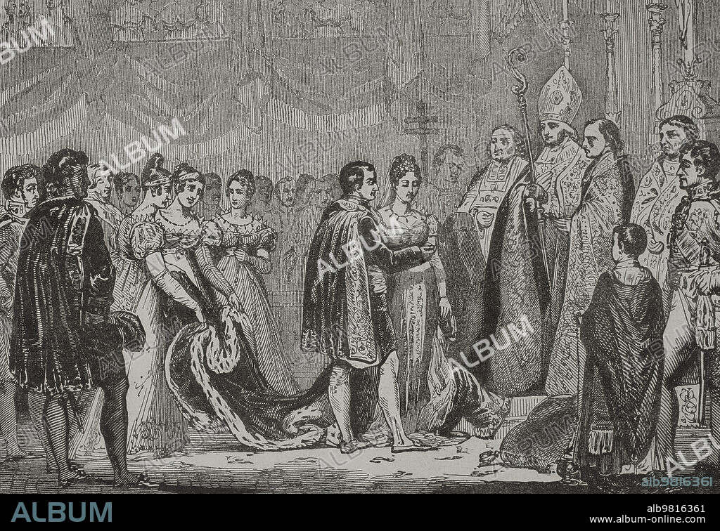 Napoleon Bonaparte (1769-1821). Emperor of France (1804-1815). First French Empire. Paris. Wedding of Napoleon I to Marie-Louise of Austria (1791-1847), 2 April 1810. Engraving. "Los Héroes y las Grandezas de la Tierra". Tomo V. 1855.