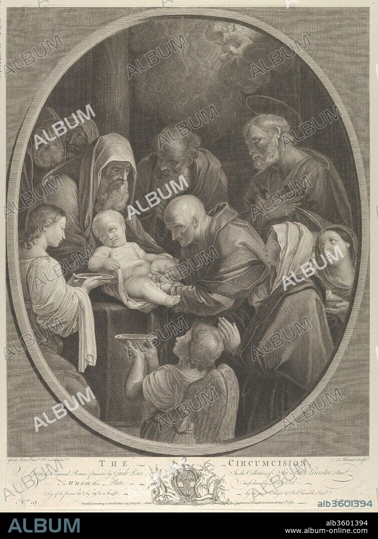 The Circumcision of Christ, a group of men and women surrounding him, an angel in the foreground, after Reni. Artist: After Guido Reni (Italian, Bologna 1575-1642 Bologna); Engraved by François Germain Aliamet (French, Abbeville 1734-1790 London); Intermediary draughtsman Richard Earlom (British, London 1743-1822 London). Dimensions: Sheet (Trimmed): 19 15/16 × 14 7/16 in. (50.7 × 36.6 cm). Publisher: John Boydell (British, Shropshire 1720-1804 London). Series/Portfolio: The Most Capital Paintings in England. Date: 1765.
After a painting by Reni; numbererd plate from a series of "The Most Capital Paintings in England", published by John Boydell 1763-86. Verso is not visible as print is laid to another sheet of paper.