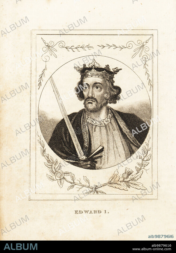 Portrait of King Edward I of England. With beard, crown, sword and cloak. Edward Longshanks or the Hammer of the Scots., 1239-1307. Copperplate engraving from M. A. Jones History of England from Julius Caesar to George IV, G. Virtue, 26 Ivy Lane, London, 1836.