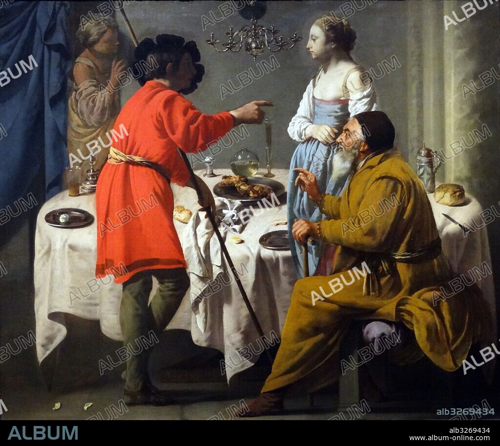 Painting titled 'Jacob reproaching Laban for giving him Leah in place of Rachel' by Hendrick ter Brugghen (1588-1629) a painter at the start of Dutch Golden Age. Dated 17th Century.