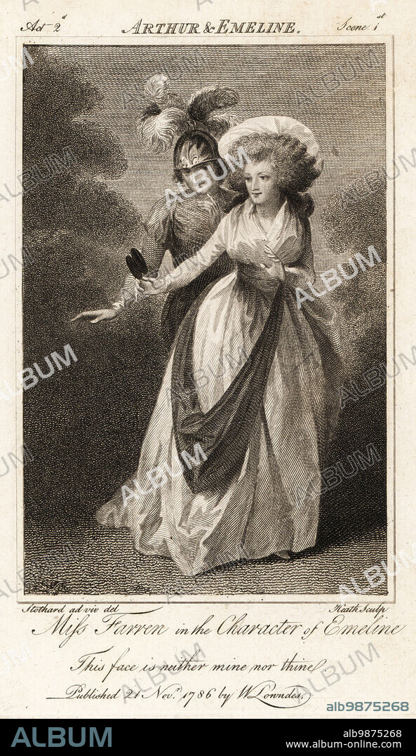 Miss Elizabeth Farren in the character of Emeline in John Drydens Arthur and Emeline. Irish actress 1759-1829 who married Edward Stanley-Smith, 12th Earl of Derby. Copperplate stipple engraving by Heath after an illustration drawn from life by Thomas Stothard and published in The Universal Magazine, W. Lowndes, London, 1786.