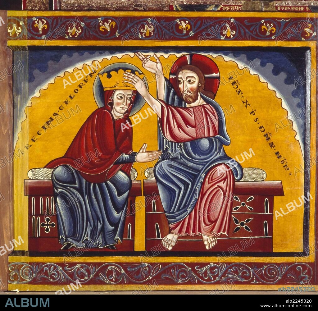 MAESTRO DE LLUÇA. Jesús coronando a la Virgen María. Altar de Santa María de Lluça. Siglo XIII, pintura al temple sobre madera de chopo, románico catalán.