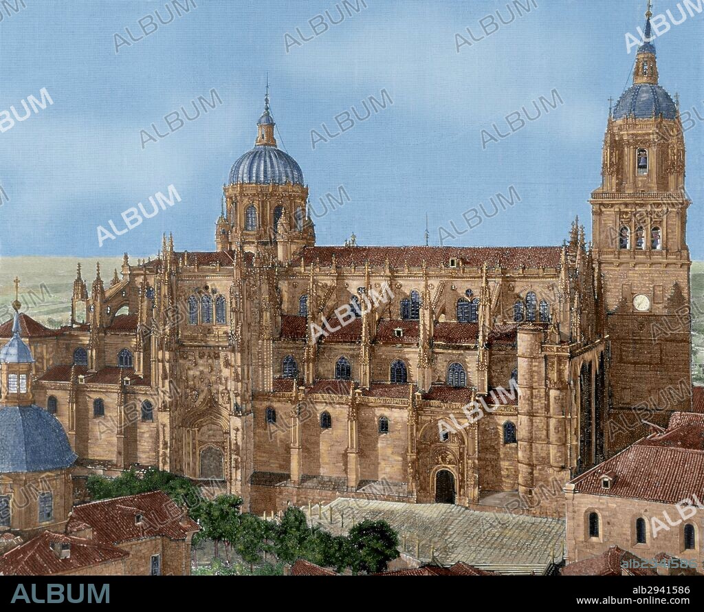CATEDRAL NUEVA DE SALAMANCA. Construida por iniciativa de los Reyes Católicos en 1491. El maestro principal de las obras fue el arquitecto Juan Gil de Hontañón. El 25 de marzo de 1560 se celebró la primera misa. Vista exterior del templo desde el Seminario. España. Grabado coloreado.
