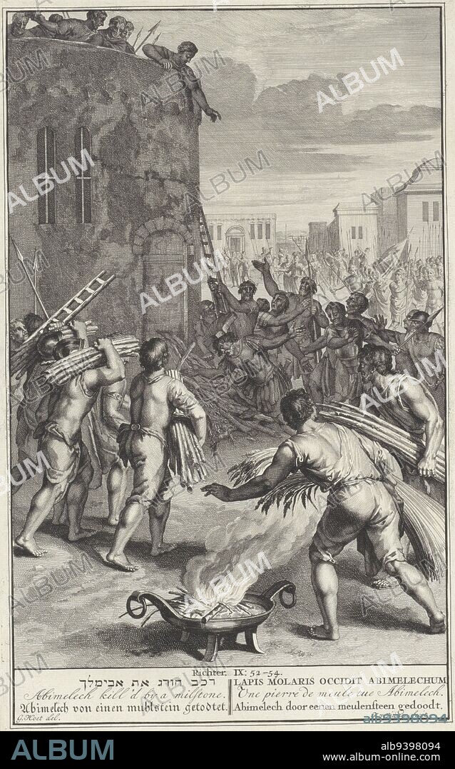 Abimelech killed by a millstone, Jan van Vianen, after Gerard Hoet (I), 1720 - 1728, Abimelech is killed by a millstone. The stone is thrown from the tower of Thebez by a woman . Illustration of the Bible text Ri. 9: 52-54. Below the illustration the title in Hebrew, English, German, Latin, French and Dutch., print maker: Jan van Vianen, (mentioned on object), intermediary draughtsman: Gerard Hoet (I), (mentioned on object), publisher: Bernard Picart, (possibly), publisher: Amsterdam, publisher: The Hague, 1705 - 1720 and/or 1720 - 1728, paper, etching, engraving, h 366 mm × w 231 mm.
