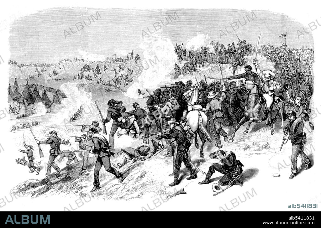 Entitled: General Miles making a a surprise attack upon the Nez Perce camp on the morning of September 30. The Nez Perce War (June - October 1877) pitted several bands of the Nez Perce tribe and their allies against the US Army. The conflict stemmed from the refusal of several bands of the Nez Perce to give up their ancestral lands in the Pacific Northwest and move to an Indian reservation in Idaho. Frank Leslie's illustrated newspaper, 1877 (cropped and cleaned).