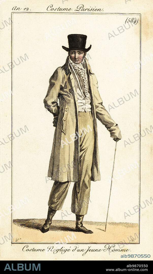 Young dandy in casual outfit. He wears a top hat, cravatte, gilet waistcoat, riding coat, pantalons and boots. Costume Neglige d'un jeune homme. Handcoloured copperplate engraving by Pierre-Charles Baquoy after Carle Vernet from Pierre de la Mesangeres Journal des Dames et des Modes, Magazine of Women and Fashion, Paris, An 12, 1804.