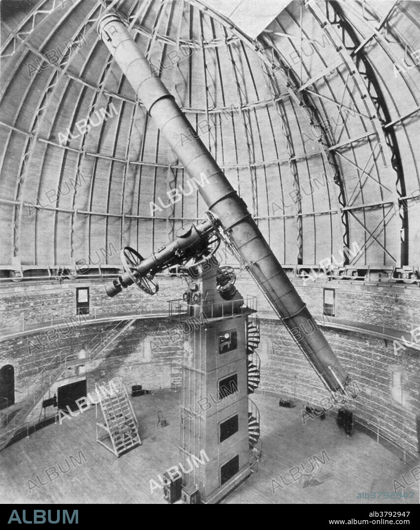 A photograph from 1897 of the 40-inch (1.02 m) refractor telescope, at Yerkes Observatory, in Williams Bay, Wisconsin, the largest achromatic refractor ever put into practical astronomical use. Founded in 1892 by Charles Tyson Yerkes, the institution belongs to the University of Chicago.