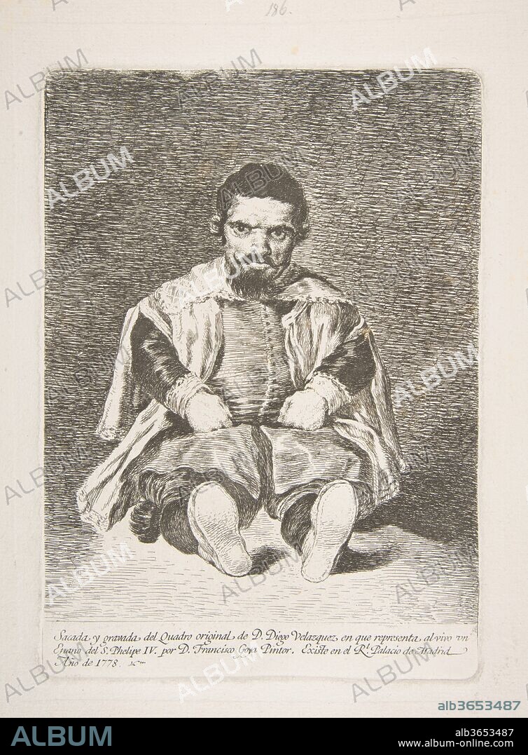 GOYA (FRANCISCO DE GOYA Y LUCIENTES) and AFTER VELÁZQUEZ (DIEGO RODRÍGUEZ DE SILVA Y VELÁZQUEZ). A dwarf (Un enano)Portrait of Sebastian de Morra. Artist: Goya (Francisco de Goya y Lucientes) (Spanish, Fuendetodos 1746-1828 Bordeaux); After Velázquez (Diego Rodríguez de Silva y Velázquez) (Spanish, Seville 1599-1660 Madrid). Dimensions: Plate: 8 3/16 × 5 7/8 in. (20.8 × 14.9 cm)
Sheet: 16 x 11 7/16 in. (40.7 x 29 cm). Series/Portfolio: Etchings after Velazquez. Sitter: Sebastian de Morra. Date: 1778.