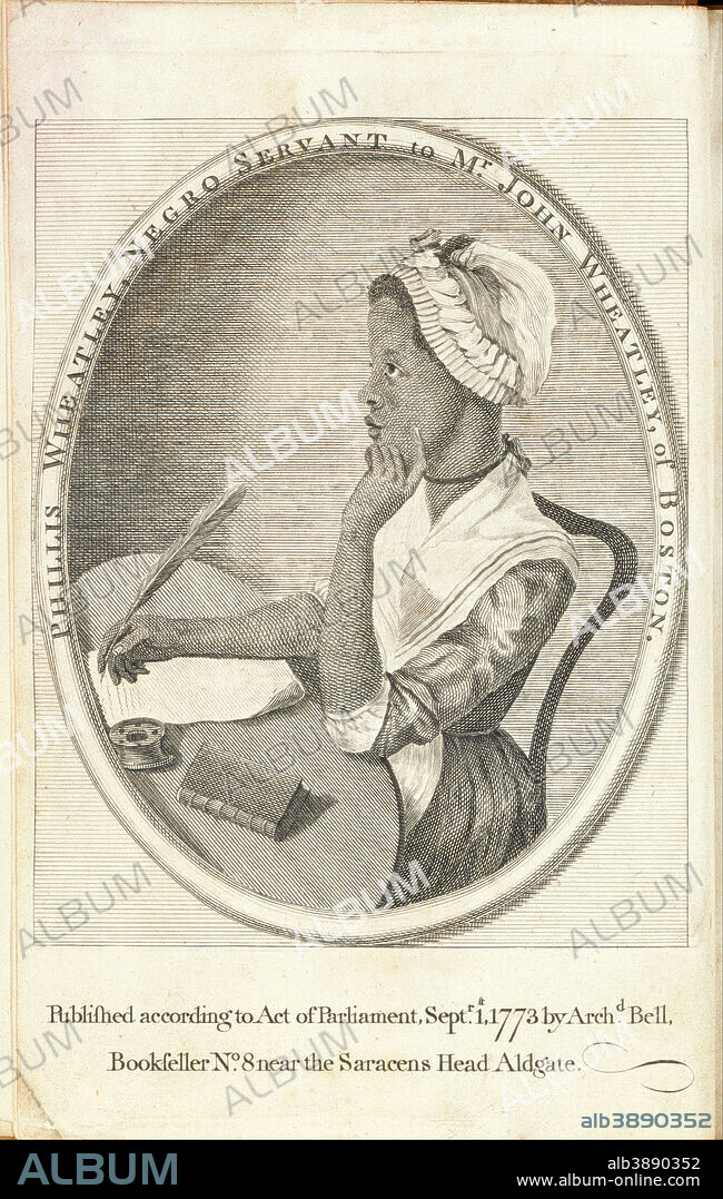 UNIDENTIFIED ARTIST. Phillis Wheatley. Date/Period: 1773. Engraving on paper. Bound Object. Height: 128 mm (5.03 in); Width: 101 mm (3.97 in).