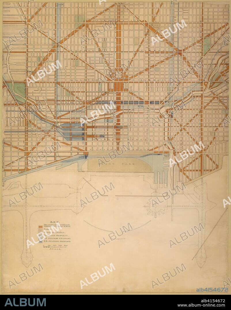 Plate 111 from The Plan of Chicago, 1909: Chicago. Plan of the Center of the City, Showing the Present Street and Boulevard System. Daniel Hudson Burnham, American, 1846-1912; Edward Herbert Bennett, American, born England, 1874-1954. Date: 1909. Dimensions: 131.2 × 102.4 cm (51 3/4 × 40 1/4 in.). Ink and watercolor on paper. Origin: Chicago.