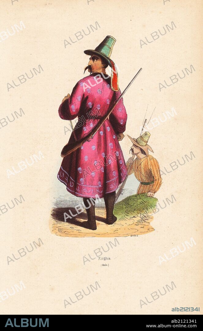 Kyrgyz man in tall hat, embroidered coat over boots, carrying a musket. Handcoloured woodcut by Doms from Auguste Wahlen's "Moeurs, Usages et Costumes de tous les Peuples du Monde," Librairie Historique-Artistique, Brussels, 1845. Wahlen was the pseudonym of Jean-Francois-Nicolas Loumyer (1801-1875), a writer and archivist with the Heraldic Department of Belgium.
