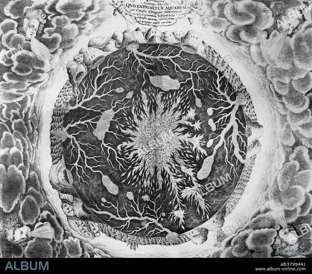 Illustration by Athanasius Kircher from his 1664 book Mundus Subterraneus. It depicts a section of the earth with a great fire at its center, which communicates with many smaller bodies of fire; also many caverns within the earth filled with water; volcanoes, fumaroles and hot springs are also included. Kircher (1601-1680) was a German Jesuit scholar, a scientific star in his day, he published around 40 works ranging in subject matter from oriental studies to geology to medicine.
