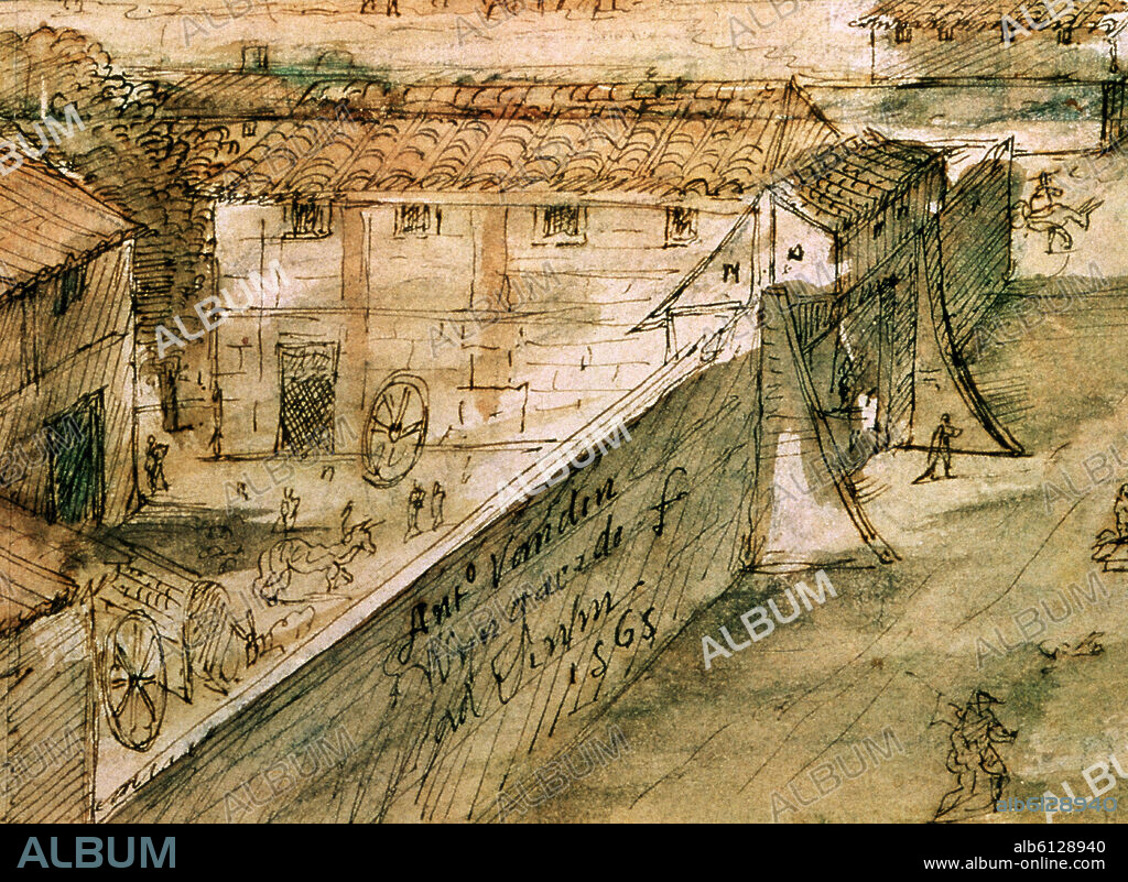 ANTON VAN DEN WYNGAERDE 1512 O. Alcalá de Henares. 1565. Detail from an inn patio and signature of the artist. Vienna, National Library. Austria.
