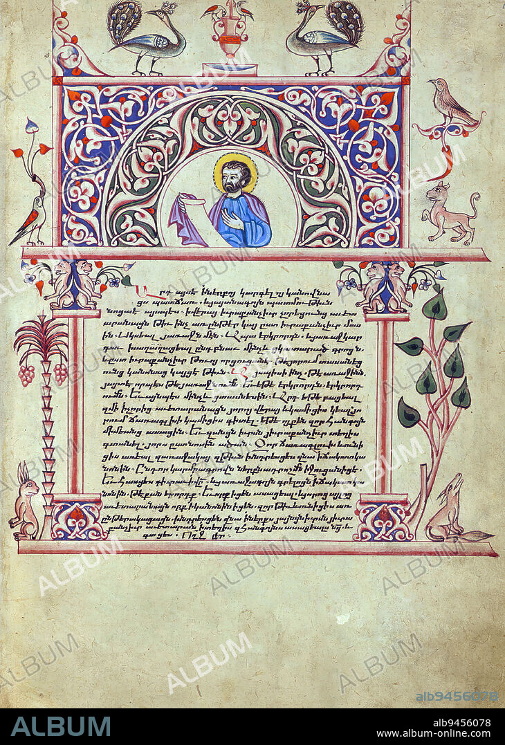 Amida Gospels, Eusebius letter with portrait of Carpianus, This Gospel Book, with richly painted evangelist portraits, canon tables and marginal illuminations, was made in Armenia in the early seventeenth century. An extensive colophon reveals that it was commissioned by a woman named Napat' as a memorial for herself and her family, and the book was consequently given by her to the Church of Saint Sargis in Amida. The illuminator of the manuscript, Hovannes, was one of the most prolific among the artists and scribes at the Amida scriptorium. On the present codex he worked with the scribe Melk'on. Known collaborators, Hovannes and Melk'on executed a number of codices together.