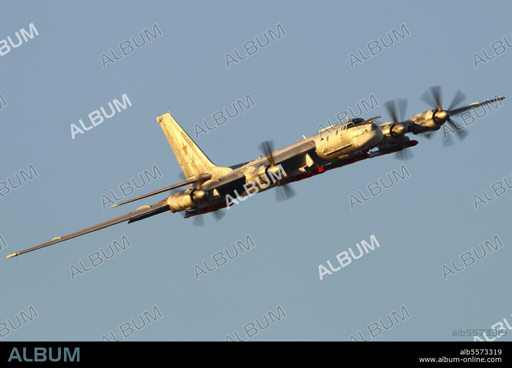 Tu-95MSM strategic bomber with X-101 missiles performing test flight, Zhukovsky, Russia.