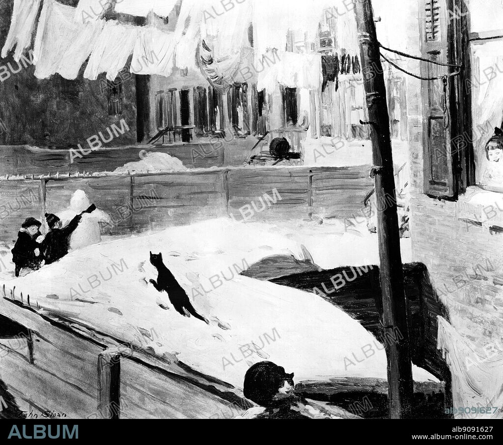 Backyards Greenwich Village 1914 by John Sloan. oil on canvas. depicts children surrounding a featureless snowperson with misshapen upper limbs and no neck; a young boy teasing it with a shovel.